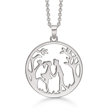 Enkelt sølv cirkel med livets træ og en mand og en kvinde i midten. Kæde på 45 cm medfølger fra Støvring Design