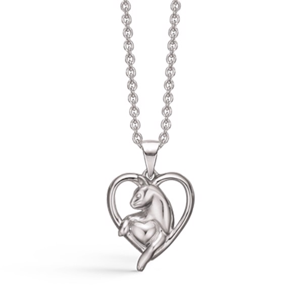 Støvring Design\'s Sølv hjerte vedhæng med sød kat, der holder et hjerte