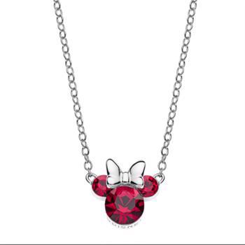 Disney's Minnie Mouse silhuet halskæde i røde sten med fin sølv sløjfe. Kæden måler 35-38-40 cm