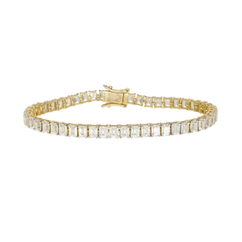 Armbånd med rektangulære sten, guldindfatning og synlig lås, elegant og skinnende design.