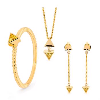 Elegant guld sæt med trekanter og gule zirkonia og 45 cm forgyldt kæde fra Bee Jewelry