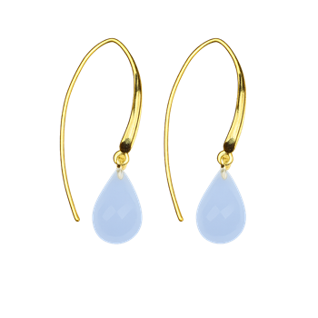 Forgyldte øreringe med dråbeformet lys blå chalcedonsten, elegant og minimalistisk design.