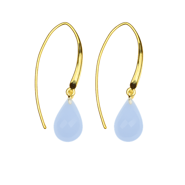 Forgyldte øreringe med dråbeformet lys blå chalcedonsten, elegant og minimalistisk design.