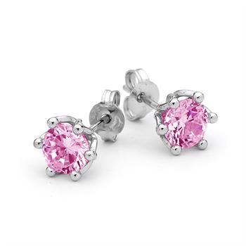 Ørestikker i sterling sølv med en pink zirkonia på størrelse med én carat diamant fra Bee Jewelry