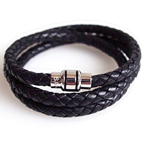 San - Link of joy Men\'s Jewellery skind / sterling sølv sort 3-dobbelt læder armbånd, 20 cm med blank overflade