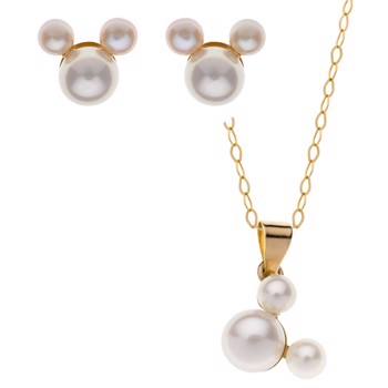 Disney's Mickey Mouse perle smykke sæt med ørestikker og vedhæng i 9 kt guld. Kommer med en forgyldt kæde på 38 cm