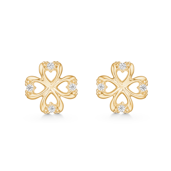 Smukke små ørestikkere i 8 karat guld med blomst af 4 hjerter og glitrende zirkonia fra Støvring Design