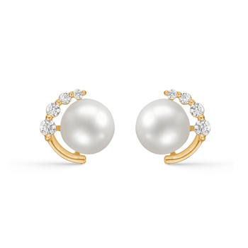 Smukke små ørestikkere i 8 karat guld med perler omkranset af halvcirkler og glitrende zirkonia fra Støvring Design