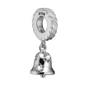 Årets jule charm 2019 til Christinas sølv armbånd, Smuk juleklokke med glitrende hvide topas
