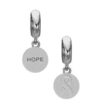 Støt Brysterne hænge charm til sølvarmbånd fra Christina, sølv Ø 10 mm medaljon med "Knæk cancer sløjfen" på den ene side og teksten "Hope" på den anden