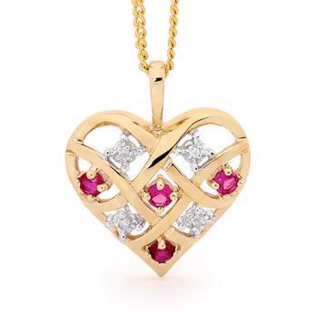 Guld hjerte vedhæng med 4 x 0,005 ct diamant og 4 x rubiner