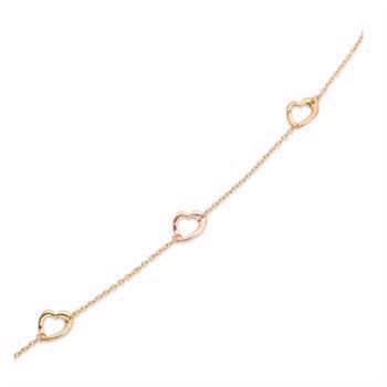 Støvring Design's smukke 8 karat guld armbånd, meget elegant kæde med 4 asymetriske hjerter. To i rødguld (alm. guld), et i rosa guld og et i hvidguld, længde 18 cm