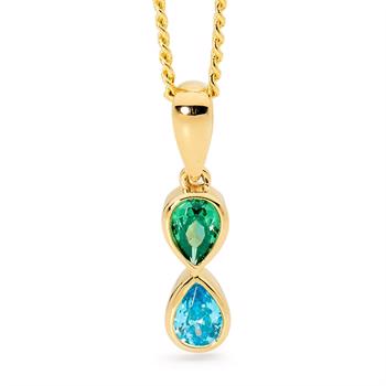 Elegant guld vedhæng dråbeformede zirkonia i smuk blå og grøn. Måler 10 x 4 mm og leveres med 45 cm forgyldt kæde fra Bee Jewelry