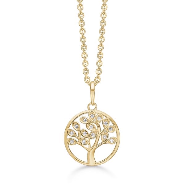 Smukt cirkelvedhæng i 8 karat guld med Livets Træ og glitrende zirkonia. Leveres med 42-45 cm forgyldt kæde fra Støvring Design