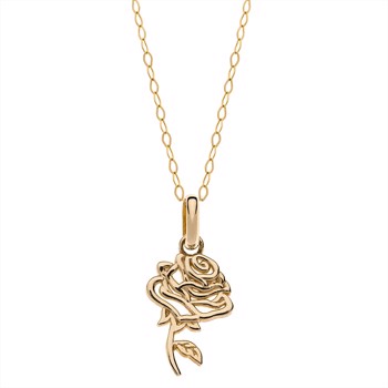 Smukt rose vedhæng i 9 karat guld. Rosen er symbolet fra Disney klassikeren, Skønheden og Udyret. Leveres med kæde i forgyldt sølv 35-40 cm