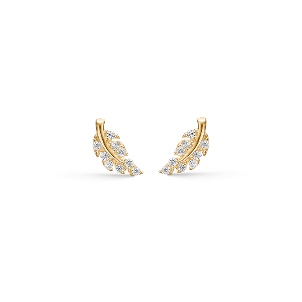 Støvring Design\'s Super fine små blad ørestikker i 14 kt guld besat med flotte glitrende zirkonia. Måler 4 x 8 mm