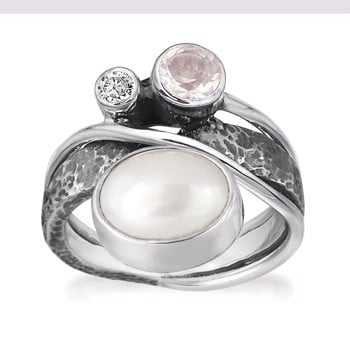 Rabinovich Sterling sølv fingerring, Glamorous Pearl med ferskvandsperle/rosenkvarts/zirkonia