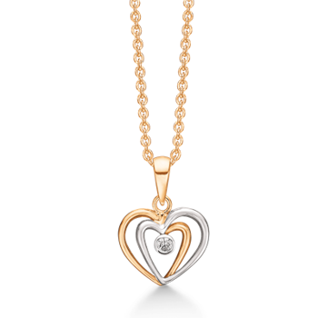 Flot 14 kt. guld vedhæng. Et dobbelt hjerte med zirconia i midten. Kæden er sølvforgyldt i længde 42-45 cm. fra Støvring Design