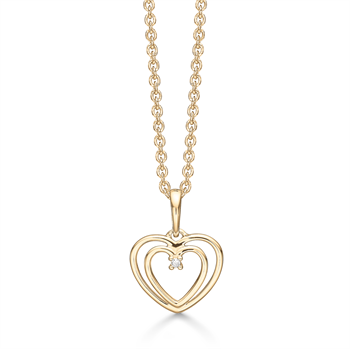 Smukt hjerte vedhæng i 14 kt guld med en diamant i midten fra Støvring Design
