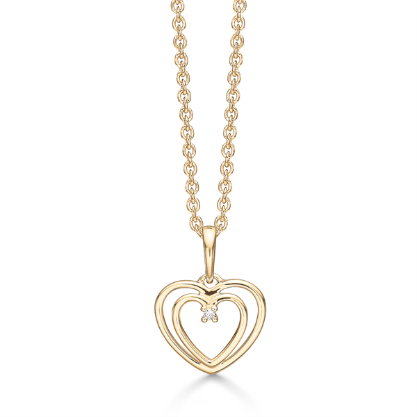 Smukt hjerte vedhæng i 14 kt guld med en diamant i midten fra Støvring Design