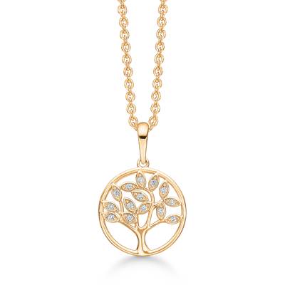 Flot 14 kt. guld vedhæng med livets træ hvor bladene er besat med zirconia. Kæden er sølvforgyldt i længde 42-45 cm. fra Støvring Design