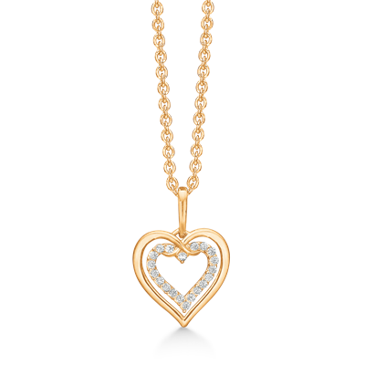 Sødt 14 kt. guld vedhæng med dobbelt hjerte. Det inderste med zirconia i kanten. Det symboliserer "Mor & Barn" fra Støvring Design
