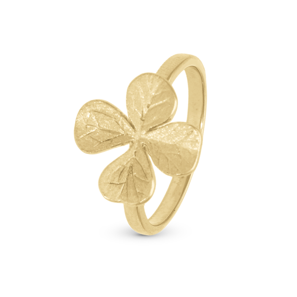 Four Leaf Clover Matteret og detaljeret firkløver ring i 925 forgyldt sølv 