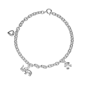 Armbånd m/hjerte/elefant/firkløver sterling sølv