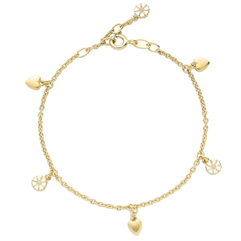 Armbånd i forgyldt sølv med tre hjerteformede og tre blomsterformede vedhæng samt låsemekanisme.