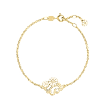 Armbånd i forgyldt sølv med blomsterlignende filigran i midten og justerbar kæde.