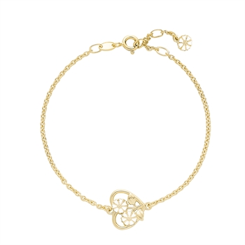 Elegant armbånd med hjertecharm og blomstermotiv. Fin kæde med rund charm ved låsen.