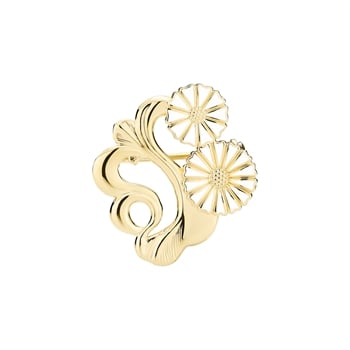 Dekorativ broche med to marguerit-lignende blomster i bølget, gyldent filigrandesign.