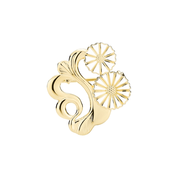 Dekorativ broche med to marguerit-lignende blomster i bølget, gyldent filigrandesign.