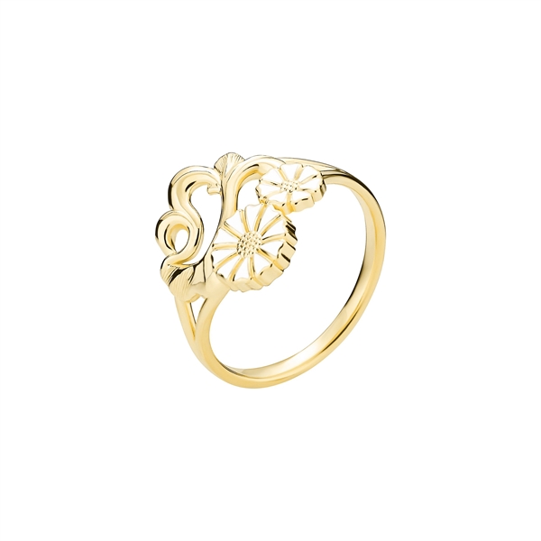 Ring i forgyldt sølv med margueritblomst og detaljeret filigran, glat poleret overflade.