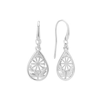 Sølv øreringe med teardrop-form og margueritmotiv. Krog-lukning for nem brug.