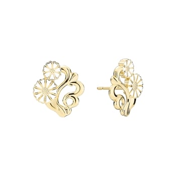 Forgyldte sølvøreringe med margueritmotiv og filigran, skinnende overflade, stift til piercing.