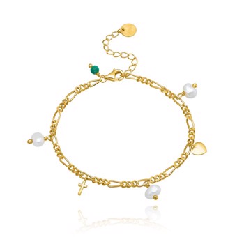 Trust Hope Love, Smukt armbånd af forgyldt Figaro-kæde med perler, samt Tro, Håb og Kærlighed vedhæng fra danske WiOGA