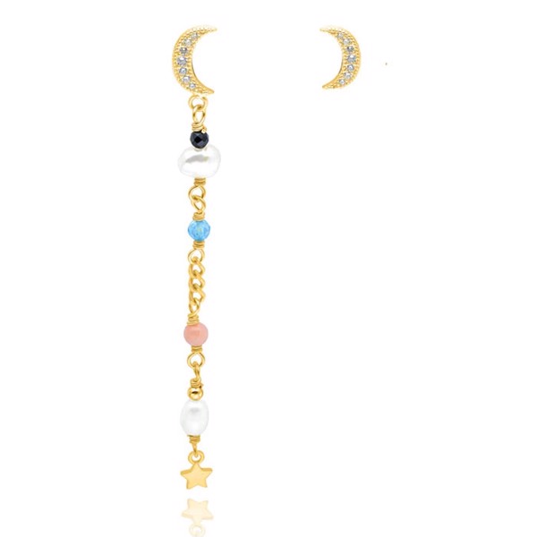 Evonne, Asymetrisk par af øreringe, Forgyldte sølv øreringe med måne, samt kæde, farvede smykkesten og lille stjerne fra danske WiOGA