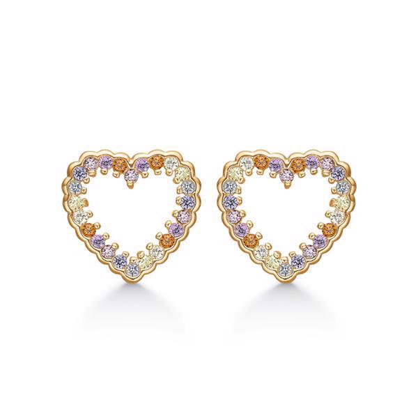 Støvring Design\'s Store hjerte ørestikker i forgyldt sølv med regnbuefarvet zirkonia