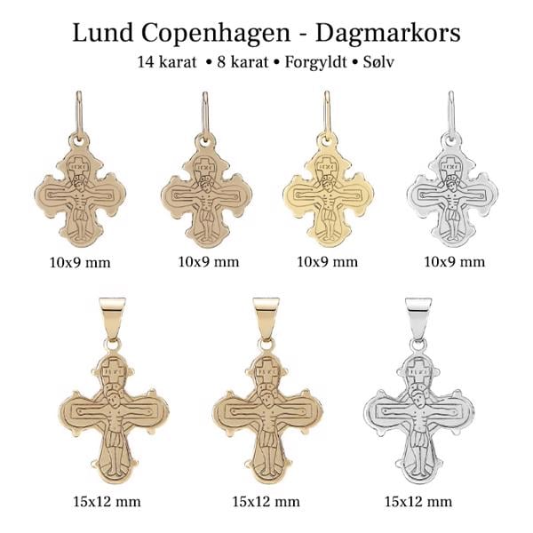 Dagmarkors i guld og sølv fra Lund Copenhagen, 10x9 mm - 15x12 mm (bagside: de fem)