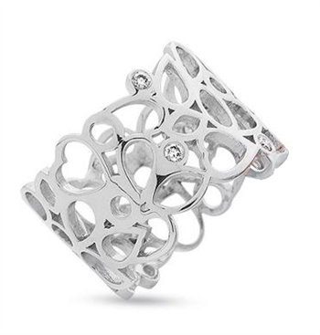 14 karat hvidguld ring med 6 x 0,02 ct diamanter og hjerter, ringmål 53-glat overflade