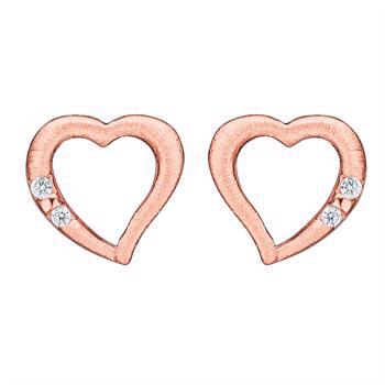 Støvring Design's smukke matterede rosa forgyldte sølv hjerter med glitrende hvide zirkonia på siden