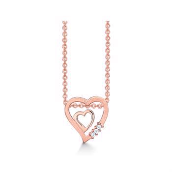 Støvring Design's Smukke rosa forgyldt sølv kæde med matteret dobbelt hjerte vedhæng med tre glitrende zirkonia. Leveres med 42 + 3 cm kæde