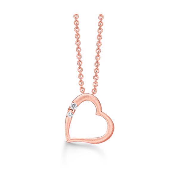 Støvring Design\'s smukke rosa forgyldte sølv kæde med "skævt" hjerte vedhæng med glitrende hvid zirkonia på den ene halvdel, leveres med 42 + 3 cm kæde