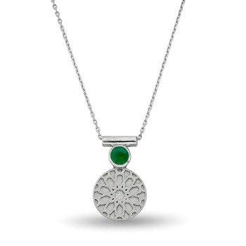 Bosphorus SOFIE Håndlavet kæde med rundt vedhæng i sølv med geometrisk mønster og grøn jade 