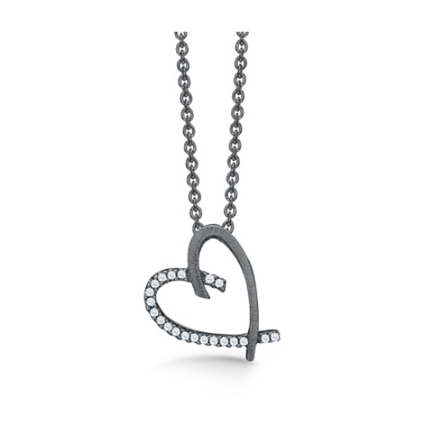 Støvring Design\'s smukke sort rhodinerede sølv kæde med "skævt" hjerte vedhæng med glitrende hvid zirkonia på den ene halvdel, leveres med 42 + 3 cm kæde 