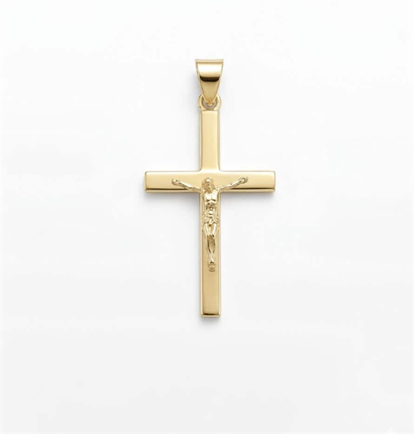 Bredt stolpe kors med Jesus fra BNH i blank 8 karat, Stor - 21,5 x 34 mm