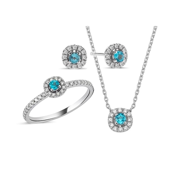 Nuran 14 kt hvidguld smykkesæt, fra Sofia serien med 4 x 0,08 ct blå topas & 68 x 0,005 ct diamanter Wesselton SI