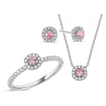 14 kt hvidguld smykkesæt, fra Sofia serien med 4 x 0,08 ct pink safir & 68 x 0,005 ct diamanter Wesselton SI