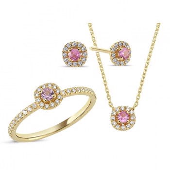14 kt rødguld smykkesæt, fra Sofia serien med 4 x 0,08 ct pink safir & 68 x 0,005 ct diamanter Wesselton SI